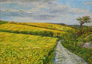 ©Emily Faludy 2014 'Path through the fields, Firle, East Sussex' Oil on linen, 28 x 40 x 2.5 cm, £395 including setting in handmade Elm frame, p&p additional