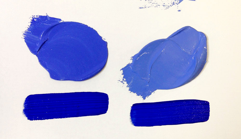 Comparing to other makes. Ultramarine Left Golden Acrylics, right: Sennelier Abstract. Both mixed with Abstract Titanium White.