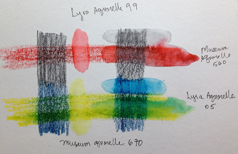 Water-soluble pencils Blue and red are Museum Aquarelle, the black and yellow are Lyra Aquarelle. Note how the Museum dissolves more easily and completely.
