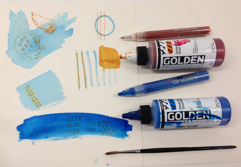 2 colours of Golden HIgh Flow Acrylic with brush and marker pen.