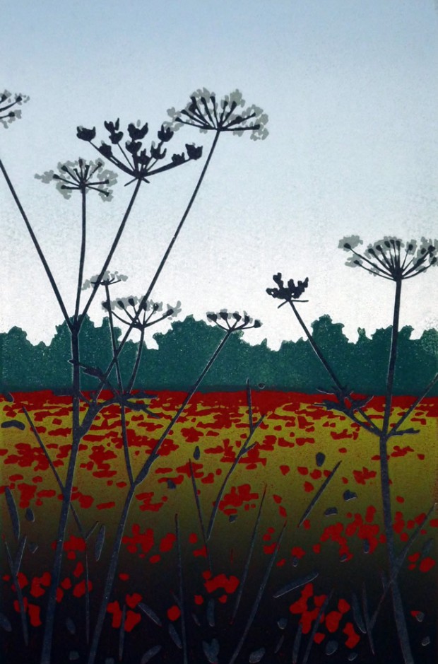 Alexandra Buckle: 'Poppies and Tall Parsley', reduction linocut