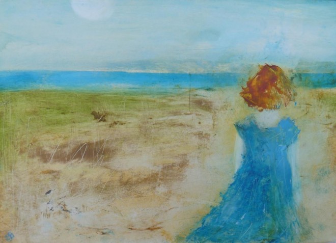 Lesley Birch: 'The Blue Dress', oil on paper, 56 x 37 cms