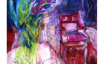 Green Glass Vase & Pink Chair by Shirley Trevena RI