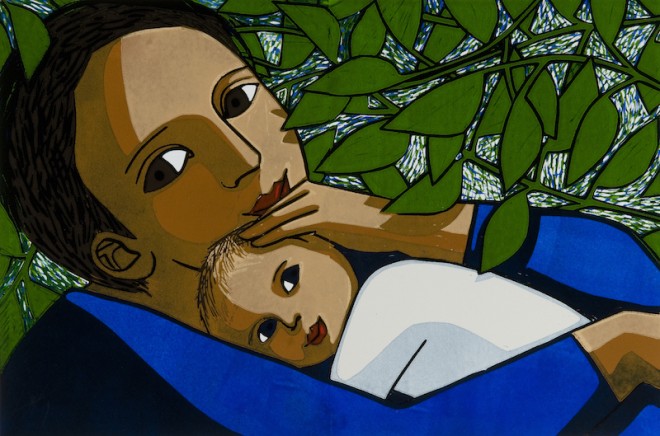 Anita Klein: 'Betty and the Leaves', lino cut, 60cm x 40cm, 2015 