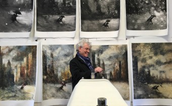 Bill Jacklin RA at the Center for Contemporary Printmaking in Norwalk, Connecticut. Bill worked at the Centre for a week at the beginning of March 2016, producing a series of large monotypes