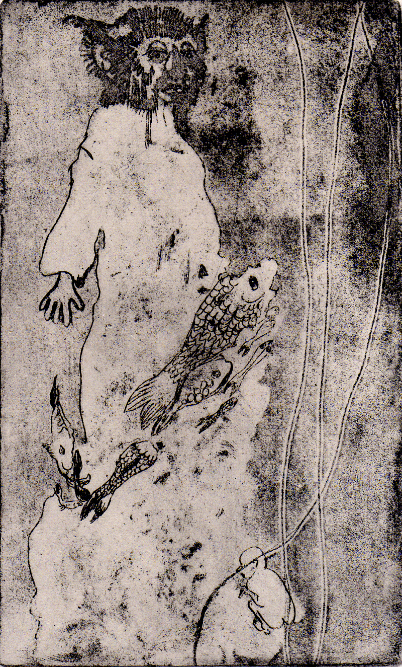 The Lesson by Anna Johnson, 2008. Acrylic Resist Etching w/ Wet Ground on Hahnemühle Etching White 300gsm, 13cm x 18cm