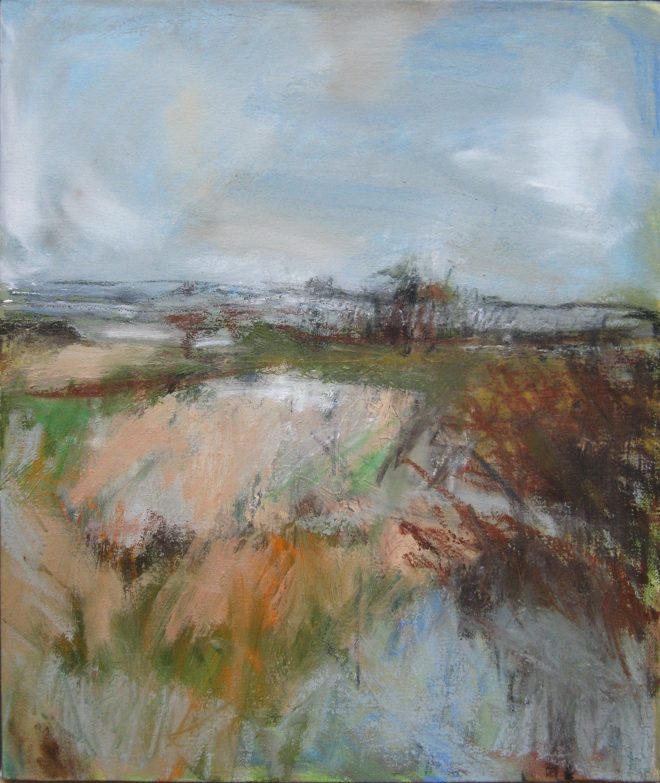 Janine Baldwin: 'Autumn Fields', oil and charcoal on canvas, 51cm x 42cm