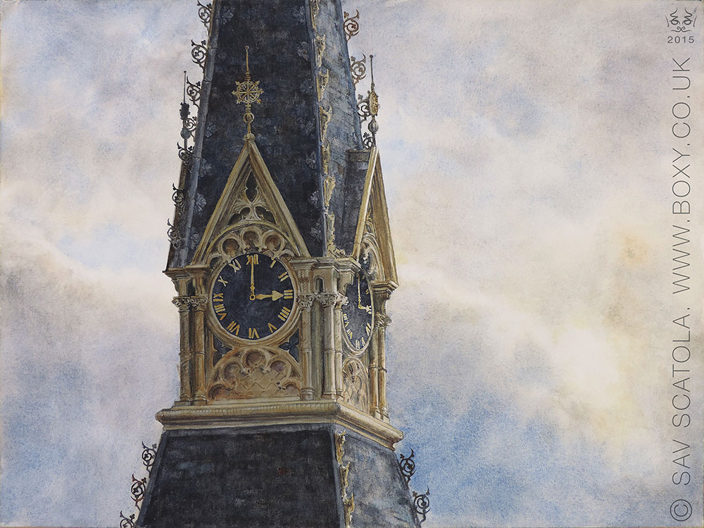 Fettes Clock Tower. Jacksons Artist Watercolours on Hahnemuhle Cornwall Paper by Sav Scatola