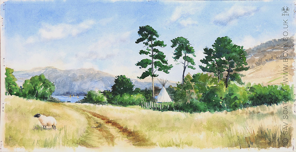 Teepee on St Mary’s Loch. Watercolour on Langton Paper by Sav Scatola