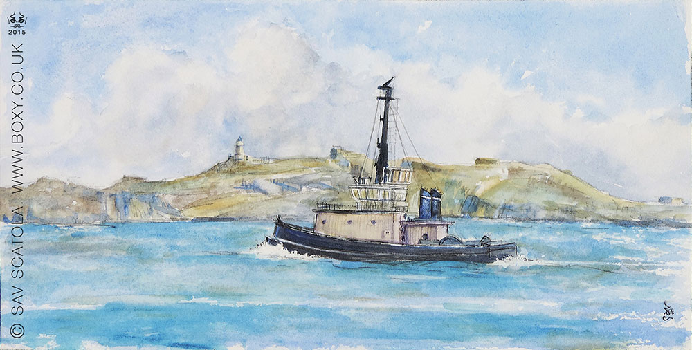 Tugboat. Watercolours and Rotring Pen on Arches Aquarelle by Sav Scatola