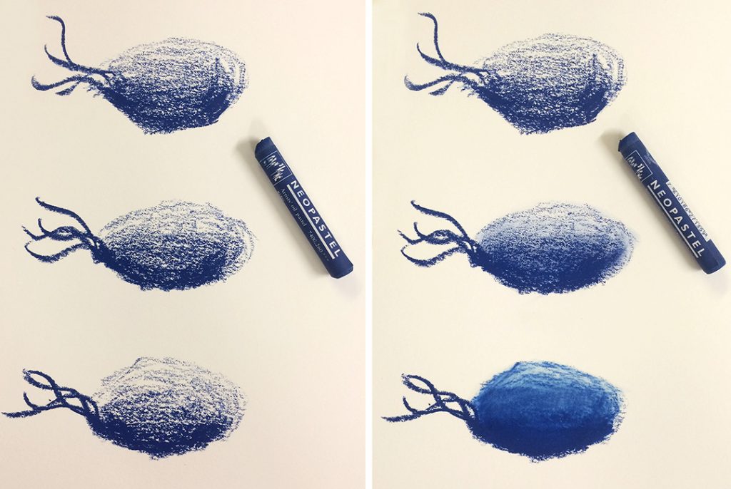Caran d'Ache Neopastel in Blue. It is the medium-soft of the three. Left column is unblended. Right column is: Top: unblended Middle: finger blended Bottom: solvent blended