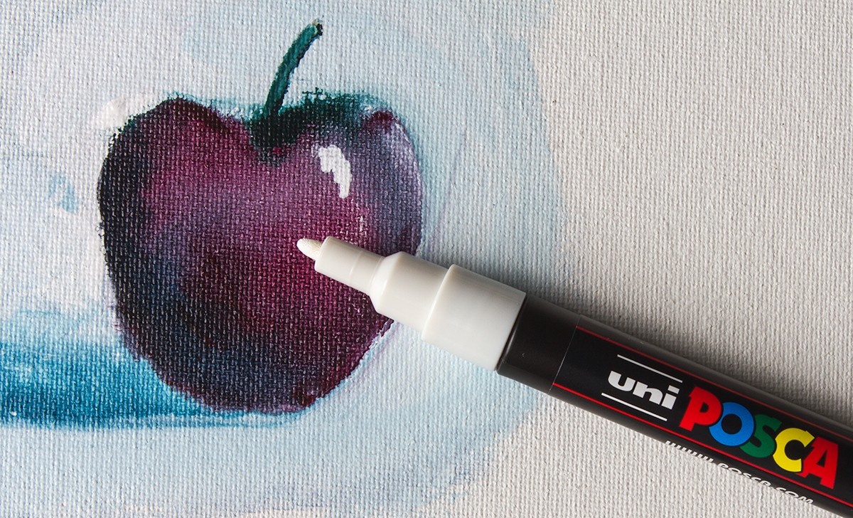 For this quick acrylic painting on canvas - I let it dry and then easily added the highlight using a Posca white PC-3M. The opacity of the Posca Marker Pens allows white over dark, especially useful for highlights.