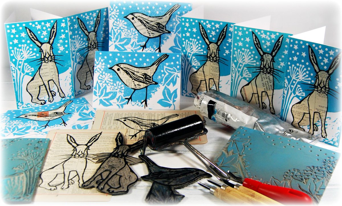 Andrea Clement Linoprint cards with hares and robins