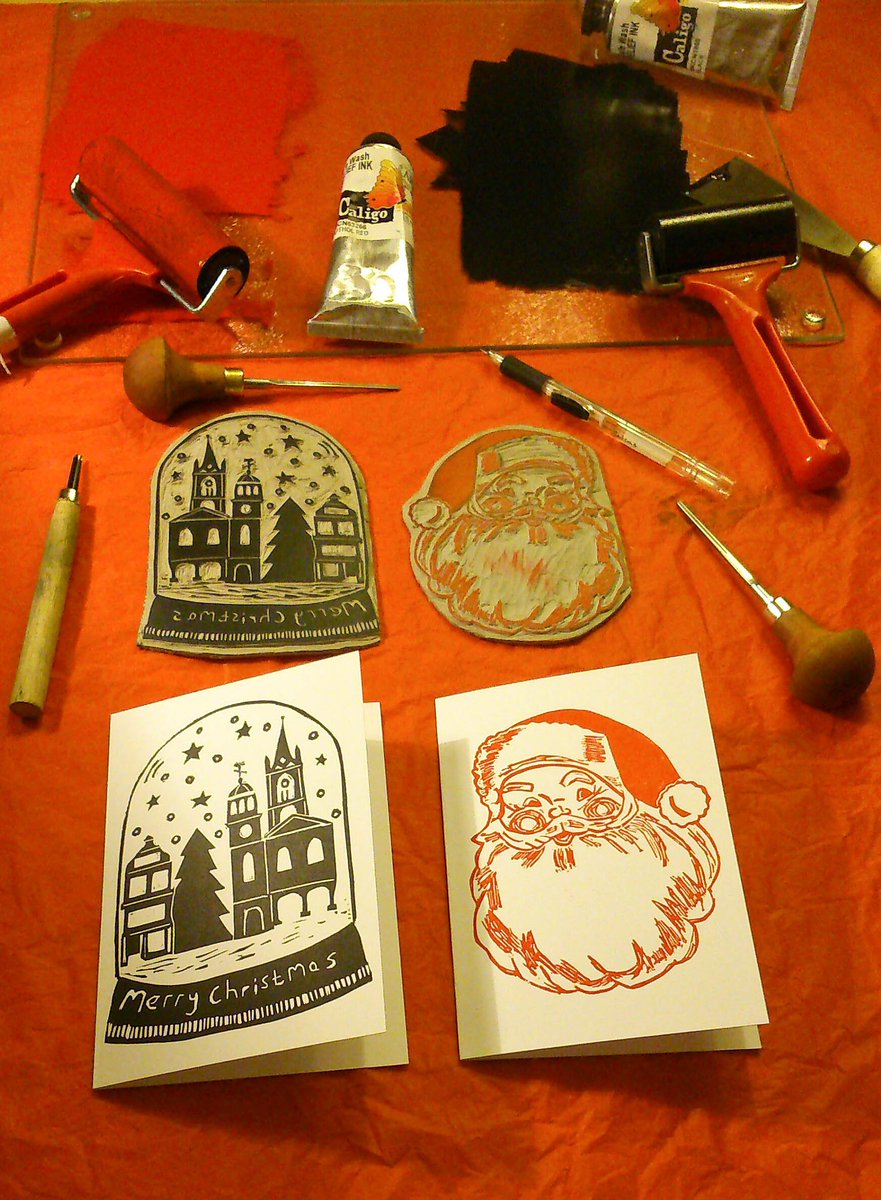HaggyT She said the two linoprint designs fit in the press together halving Christmas card production time.