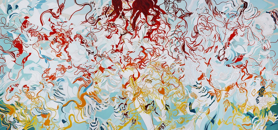 Split Ends Jon Fox oil on canvas, 143 x 297 cm, 2016