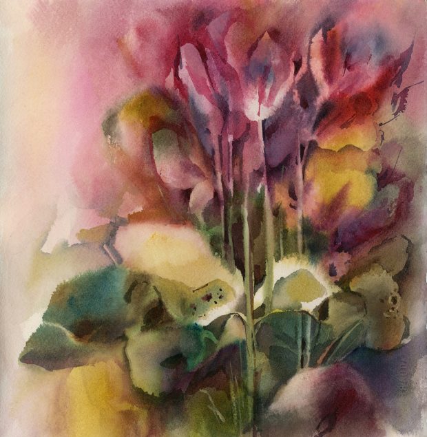'Cyclamens' Sophie Rodionov Watercolour on Saunders Waterford Rough Paper 140lb, 12 x 12"