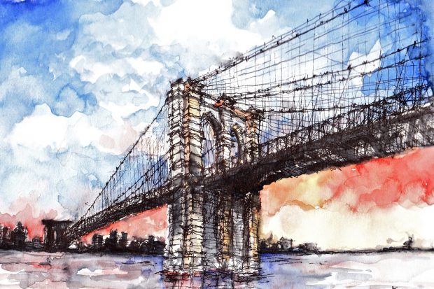 ‘Sunset at the Brooklyn Bridge, New York’ Merlyna Lim Ink & Watercolour, 11” x 17”, 2010