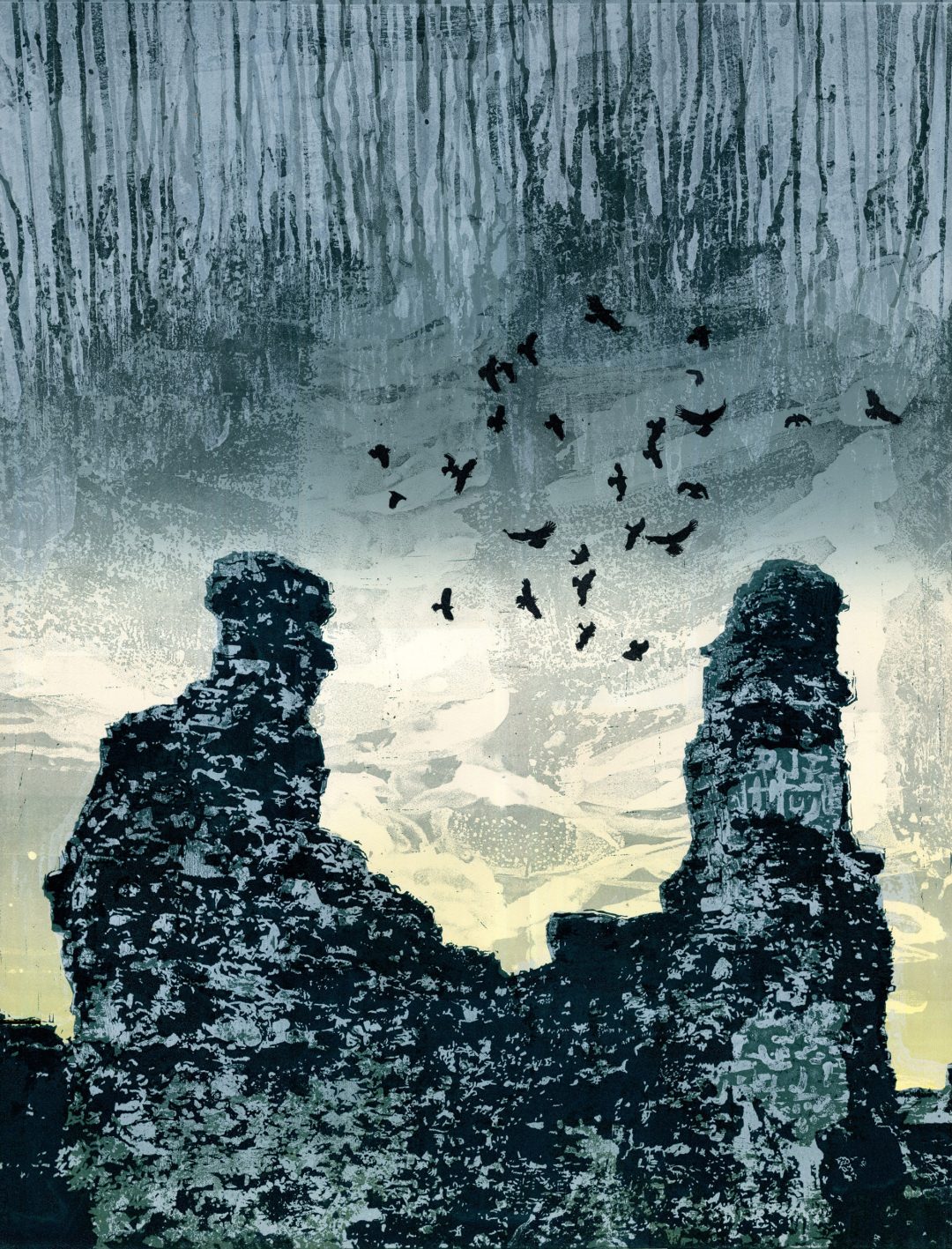 'Diálogo' (Segunda impresión de la abadía basada en las ruinas de Sawley) Steve Edwards Lino grabado y cortado, 90 x 71 cm, edición variable de 25