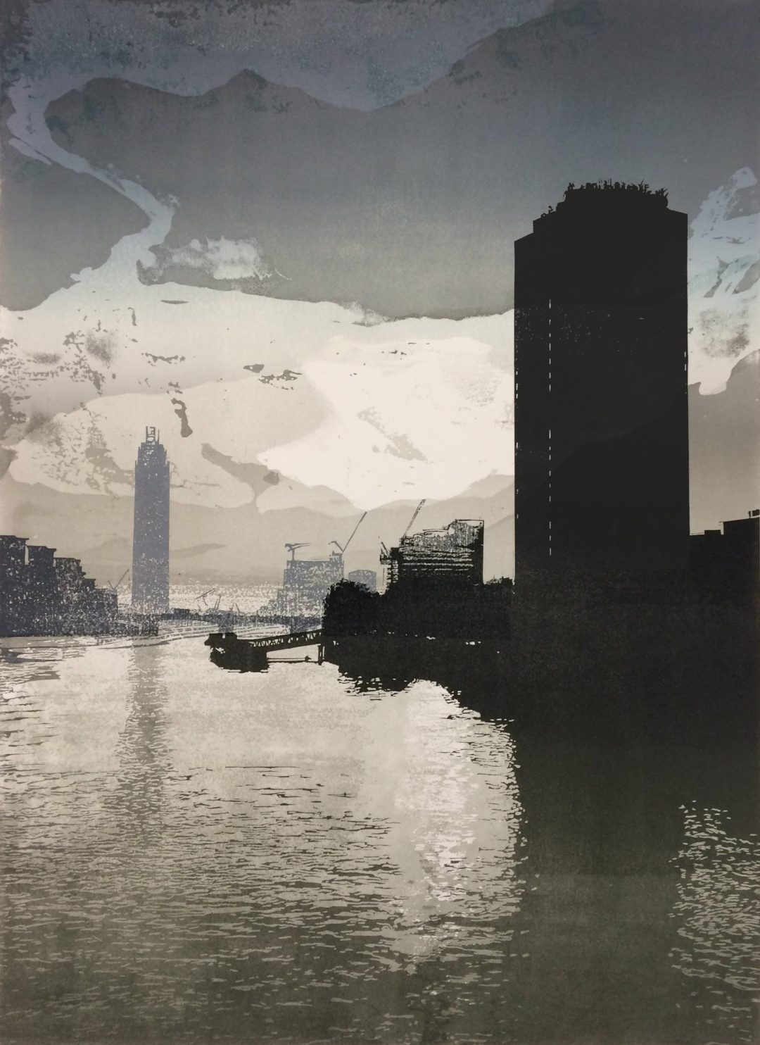 'Lambeth - West' Steve Edwards Etched and Cut Lino, 91 x 70cm, variable edition of 30 (26 available) 'Lambeth - West' was awarded the Jacksons’ Visitor’s Choice Award at the National Original Print Exhibition 2017
