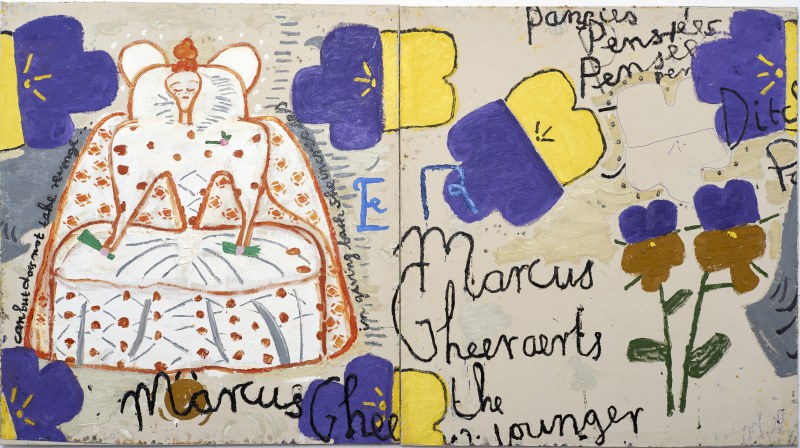Rose Wylie, Queen with Pansies (Dots), 2016 © Rose Wylie, Courtesy the artist and David Zwirner, London, Photograph- Soon-Hak Kwon