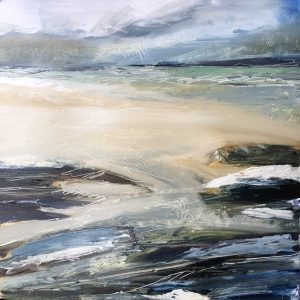 ‘Beach, Rain and Happiness’ – Belinda Reynell Description: A seascape inspired by a morning sketching in the rain with my daughter at Saunton Sands while my sons were surfing. An atmospheric painting that reminds me of that happy morning. Medium: Winsor & Newton oil paint, 50cm x 50cm