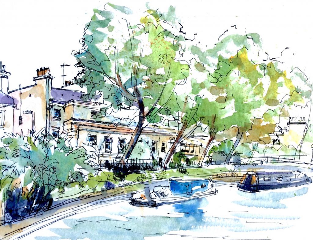 ‘Little Venice, London’ by Katie Clare Description: Canal boats and Regency style town houses in Little Venice, London. Medium: Pen and watercolour on A4 watercolour paper, sketched on location.