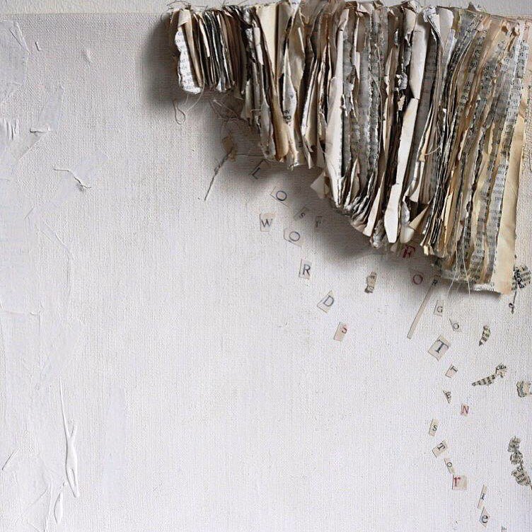 Lost Words, Altered Book on stitched linen panel, acrylic by Liza Green