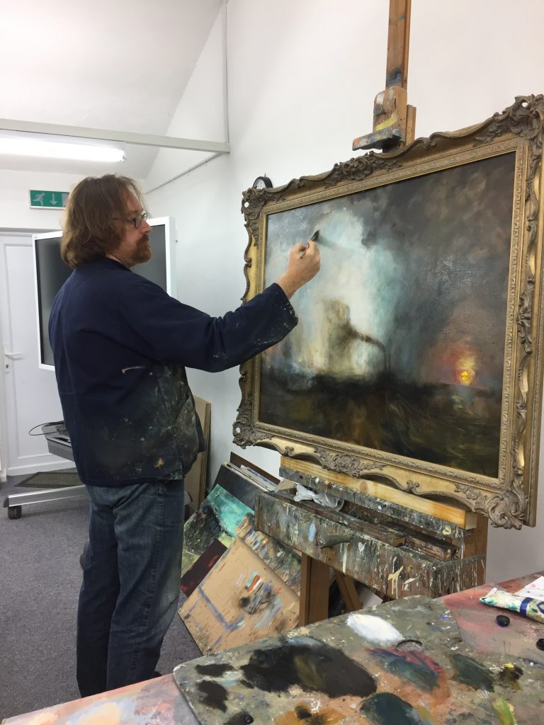 The image above shows Martin Kinnear with a full size study of Staffa Fingal’s Cave in his demonstration theatre at the Norfolk Painting School.