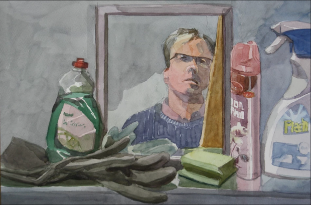 Sebastian Aplin, Self Portrait with Cleaning Products, Watercolour on paper, 36 x 53cm, 2017.