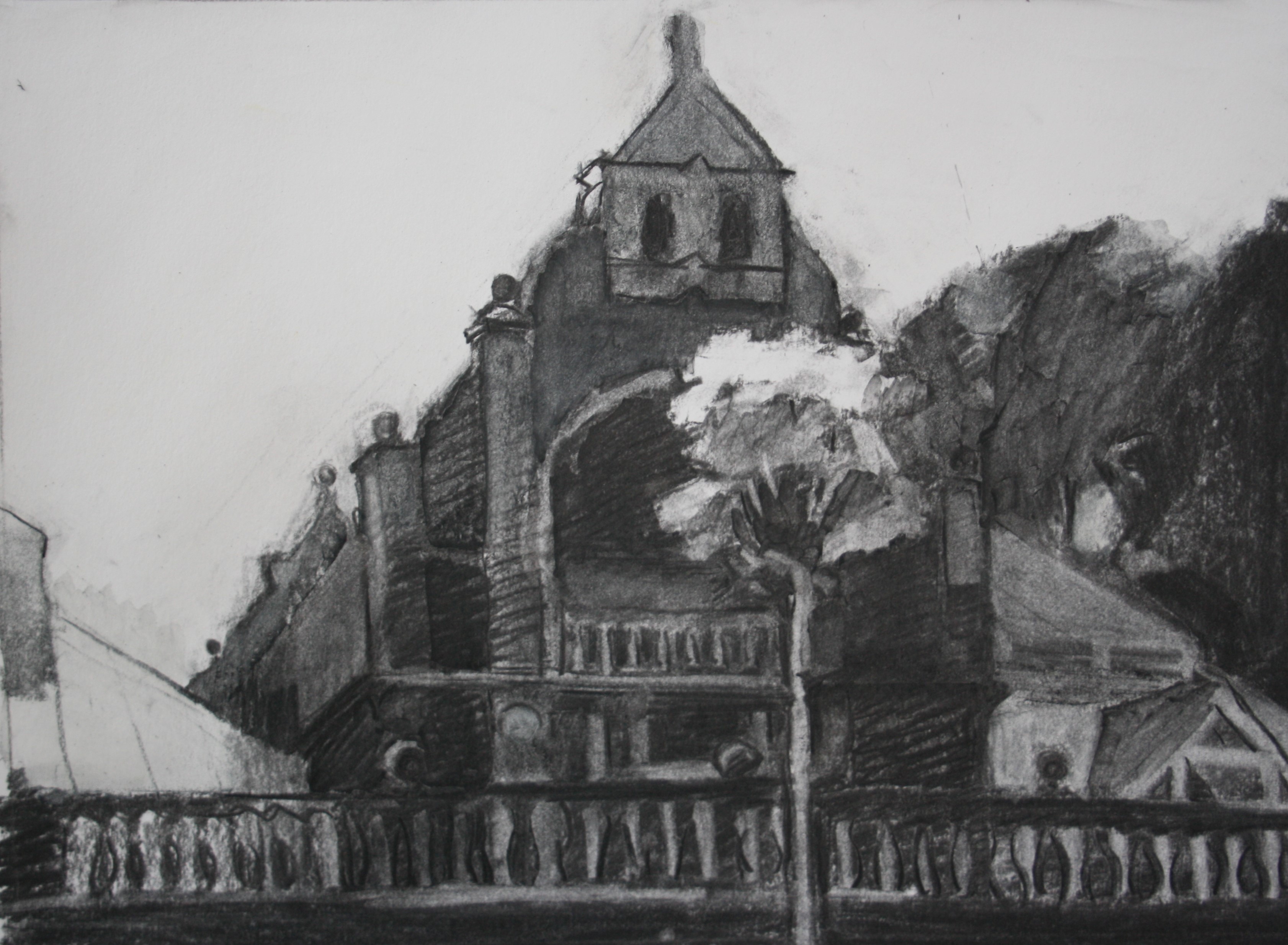 Sebastian Aplin, Belle Vue Park pavillion, Charcoal on paper, 42 x 52 cm (including frame)
