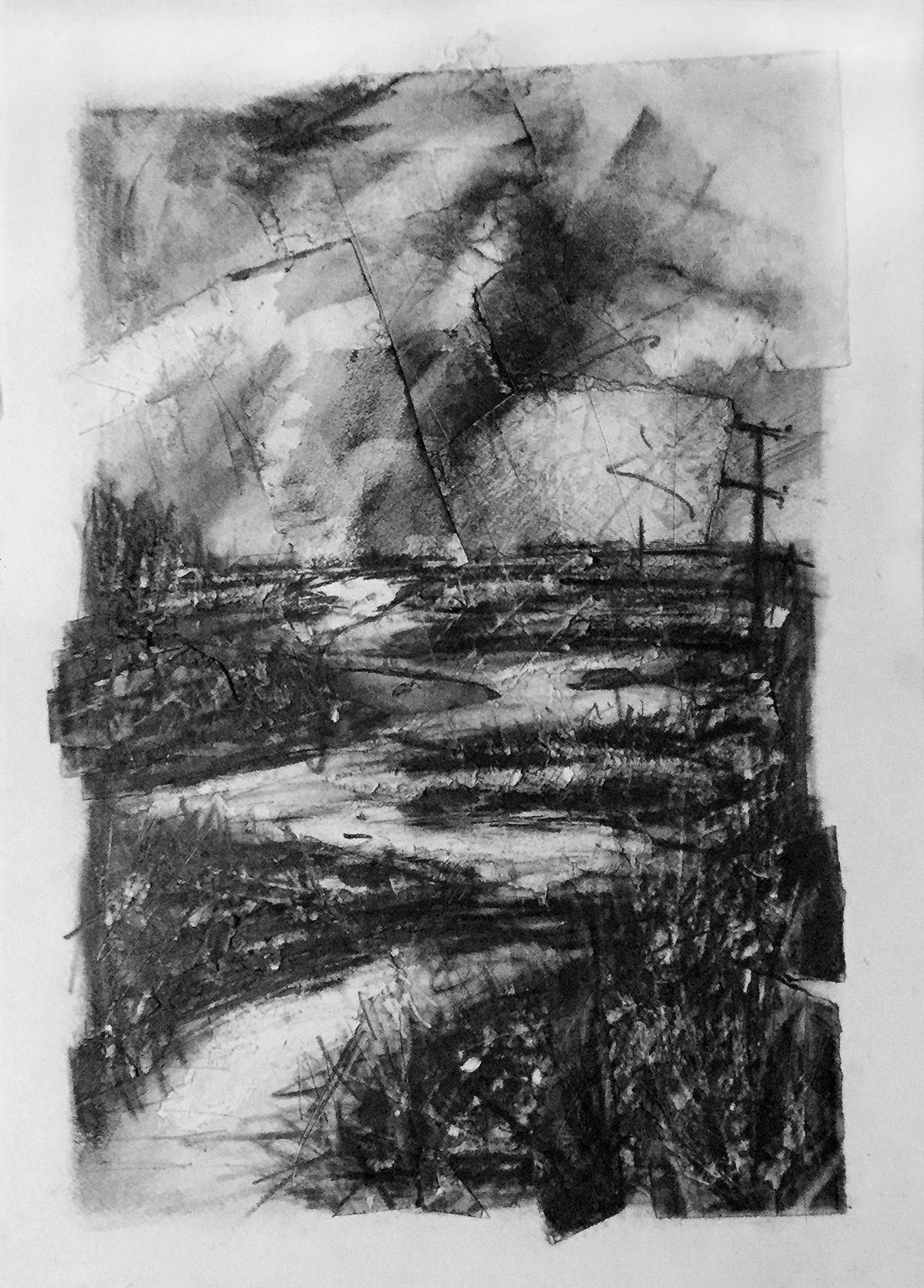 Sunk Island landscape near Channel Farm, John D. Petty This drawing is an older one (2015) and was an amalgam of many sketches done over four years or more, plus a lot of memory of just being there. There is very heavy scratching and gouging of the paper and in places new paper has been collaged on. Graphite on paper, 30x22 inches