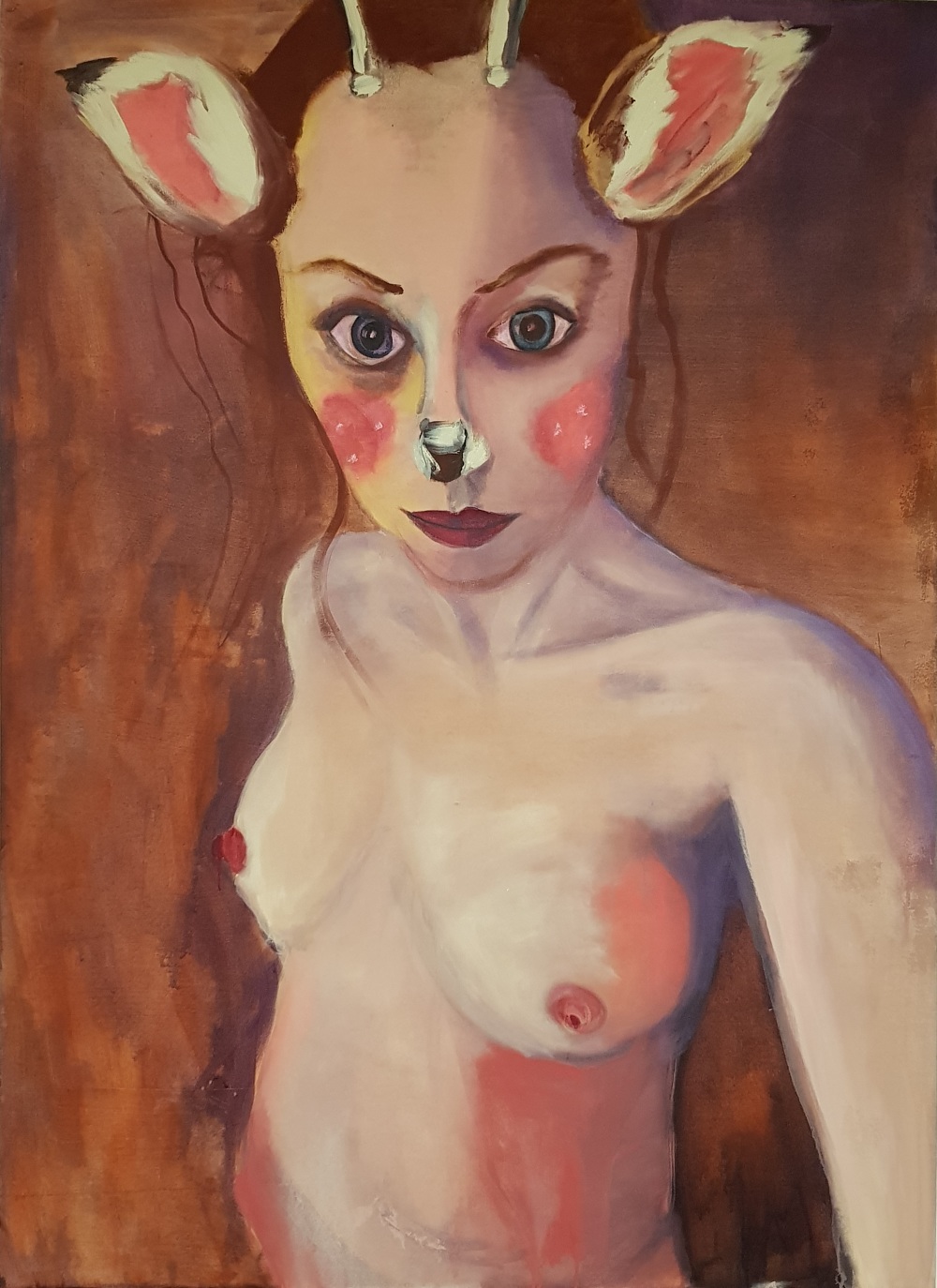 Rhiannon Rebecca Salisbury, 'Selfie with Fawn Mask',<br /> 2018, 160 x 120 cm, acrylic &amp; watercolour on cotton stretched canvas, exhibition mid April