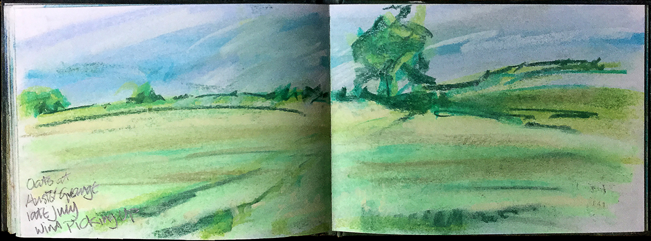 Sketchbook pages, John D. Petty I use landscape format sketchbooks because they fit the wide open fields here and I work with soft pastels. The sketches are starting points for studio work. Often the sketch I choose to work with may be many months old—I browse through old sketchbooks and something inspires me; something that I might have overlooked many times previously. This sketch dates from summer, 2016.