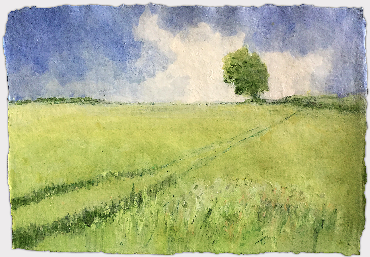A Field of Oats at Auster Grange farm, John D. Petty This is the painting developed from the sketch. I like to work quickly and I don’t try to make an accurate copy of the sketch; if I do that the work always ends up looking stiff and awkward. The painting was made soon after doing the sketch in 2016.Acrylic on paper, 22x15 inches.