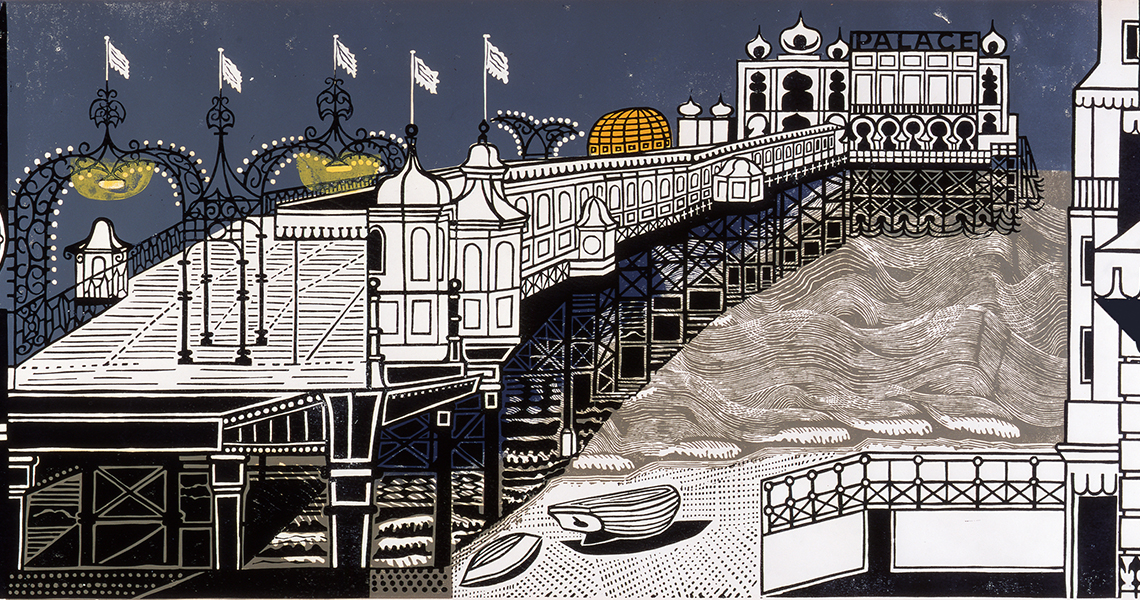 Detail from Edward Bawden, Brighton Pier, 1958, Linocut, 52.1 × 139.7 cm, art exhibitions to see in June