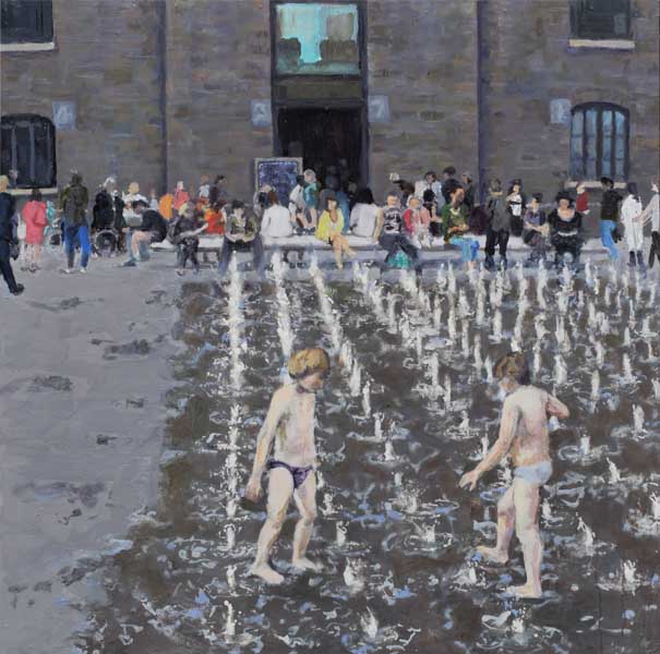 Trevor Burgess, Two boys, Granary Square, oil on board, 100 x 100cm, art exhibitions to see in June