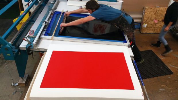 Master Printer & Owner of Serio Press, Tony Clough, working on a Cleon Peterson print