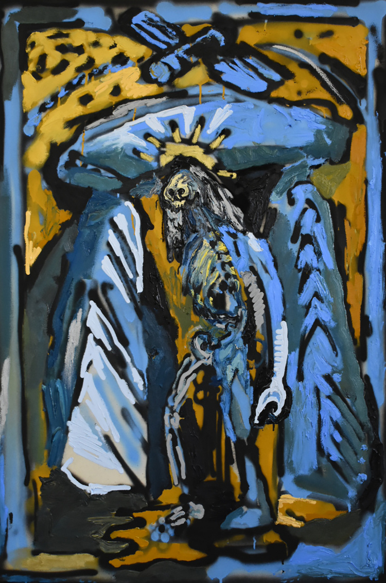 Tom Platt, Zombie Jesus at Stonehenge with Satellite Flyby, 2018, Mixed media on canvas