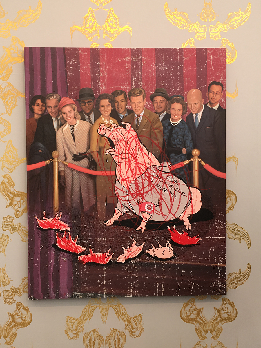 Jim Shaw, <em>Tragedy Display</em>, 2018, acrylic on muslin, 153.7 x 121.9 x 5.1 cm