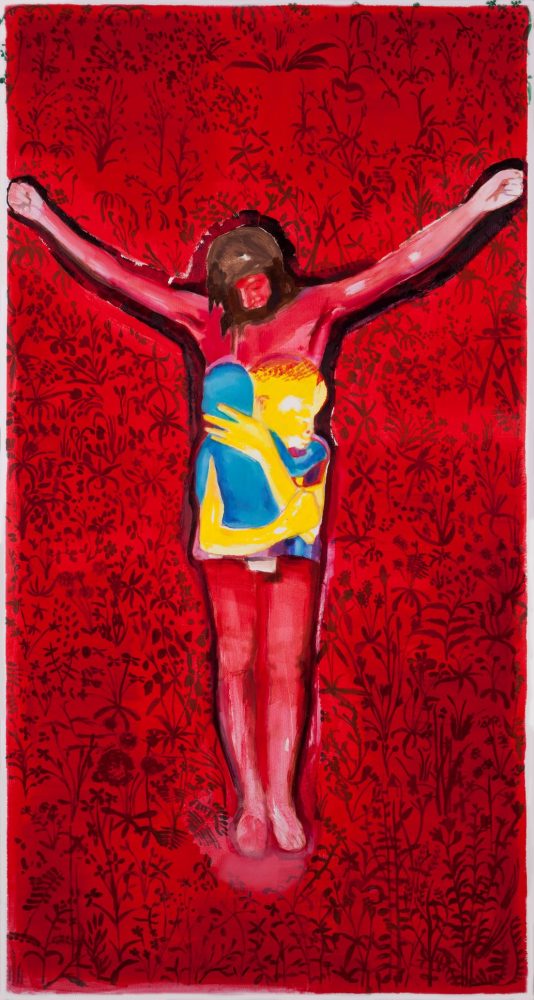 Jesus with two hugging kids, 2018,Brush, Oil on Canvas, 149 x 78 cm