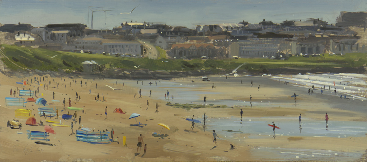 Tom Hughes, Fistral beach, early afternoon, July – 18 x 8 inches