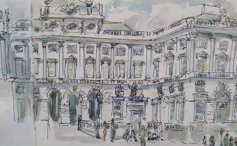 Courtauld sketch on a Handbook Journal – on location, across two pages, using fountain pen and ink