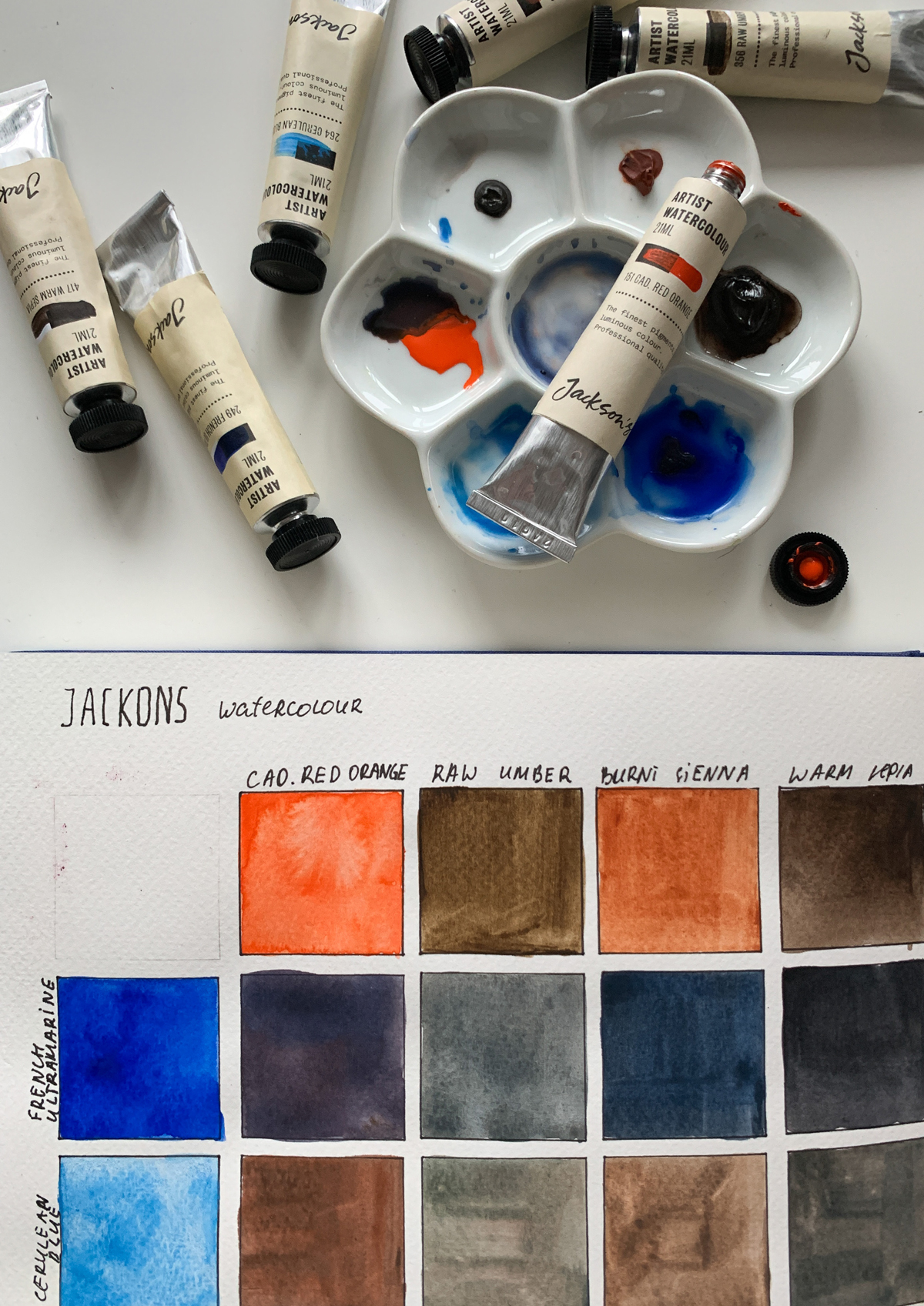 Jackson’s Watercolour tubes and painted out mixing grid
