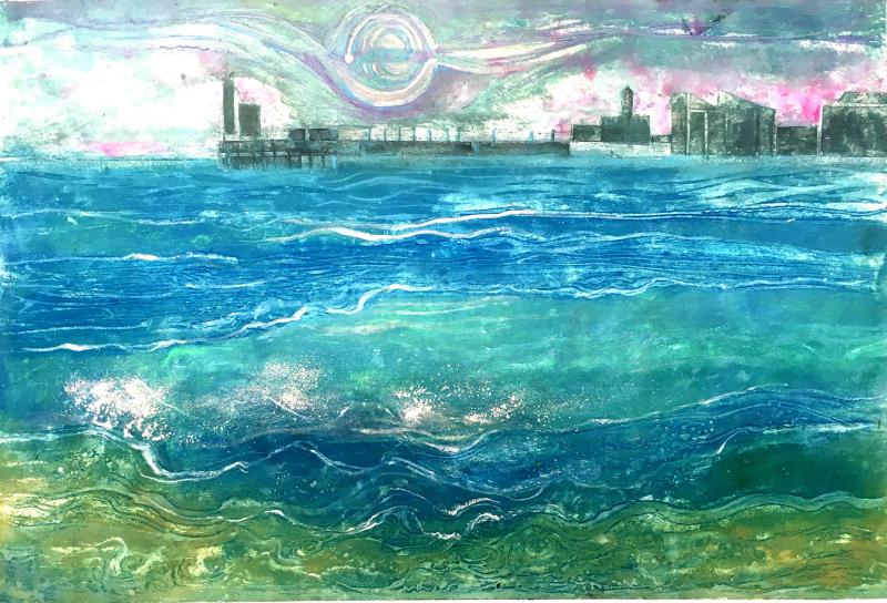 Artwork, Exhibition in June - Ruth McDonald, Margate Muse, collagraph print, hand printed and coloured, 70 x 50 cm