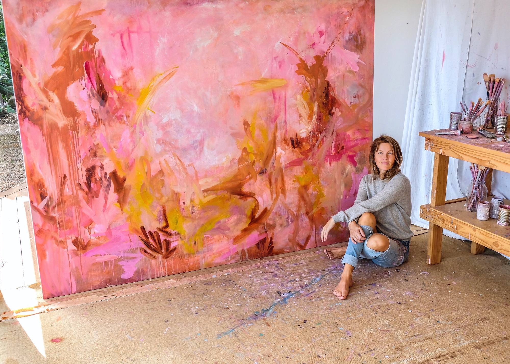 Carolina Grunér with finished painting 'All you need to do is begin', oil on canvas, 180 x 240 cm, 2019