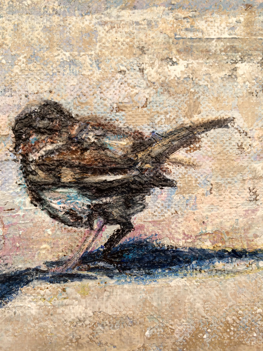 The Bathing Spot (detail)  I am pleased with the differing thicknesses of paint on and around the sparrow. Some areas have a consistency of paint coverage, others don’t – but the texture of the canvas weave is still visible on the top surface in this example. 