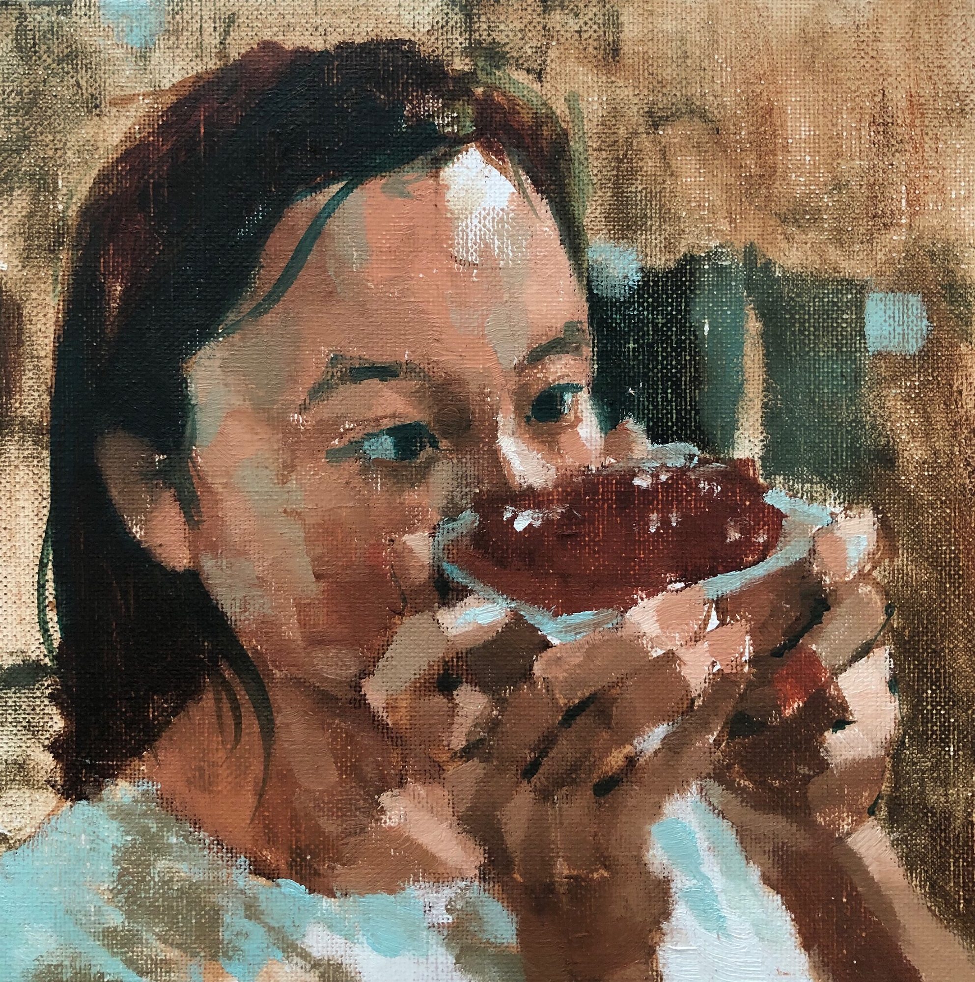 Charlotte with Mooncake, 2019 Jonathan Chan Oil on canvas, 8 x 8 in