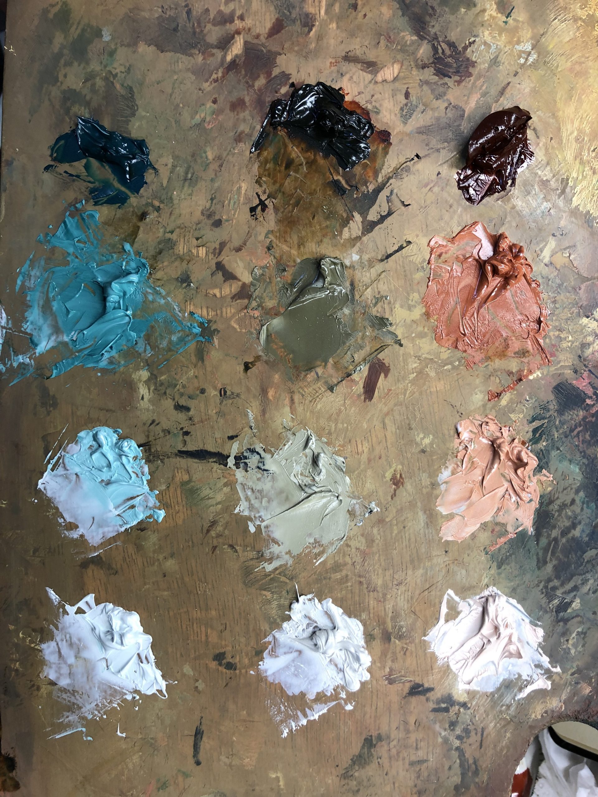 Jonathan Chan's palette using Viridian, Burnt Sienna and Titanium White