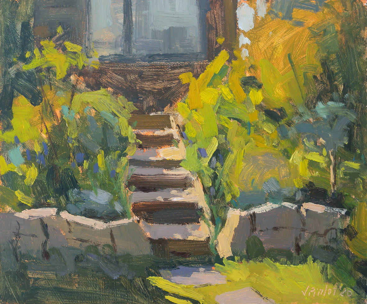 Étapes ensoleillées vers le studio, 2020 Valérie Pirlot Huile sur panneau, 20,3 x 25,4 cm