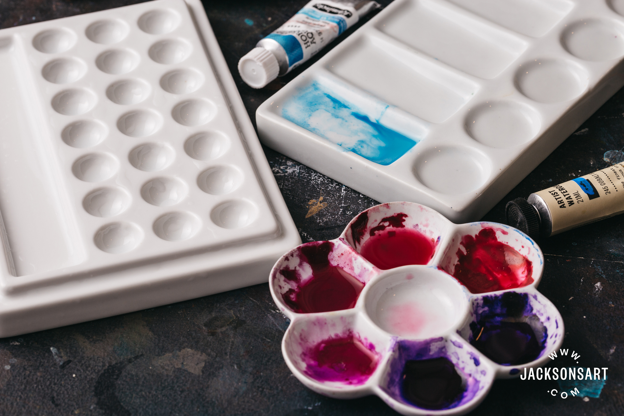 ceramic palettes and watercolour tubes